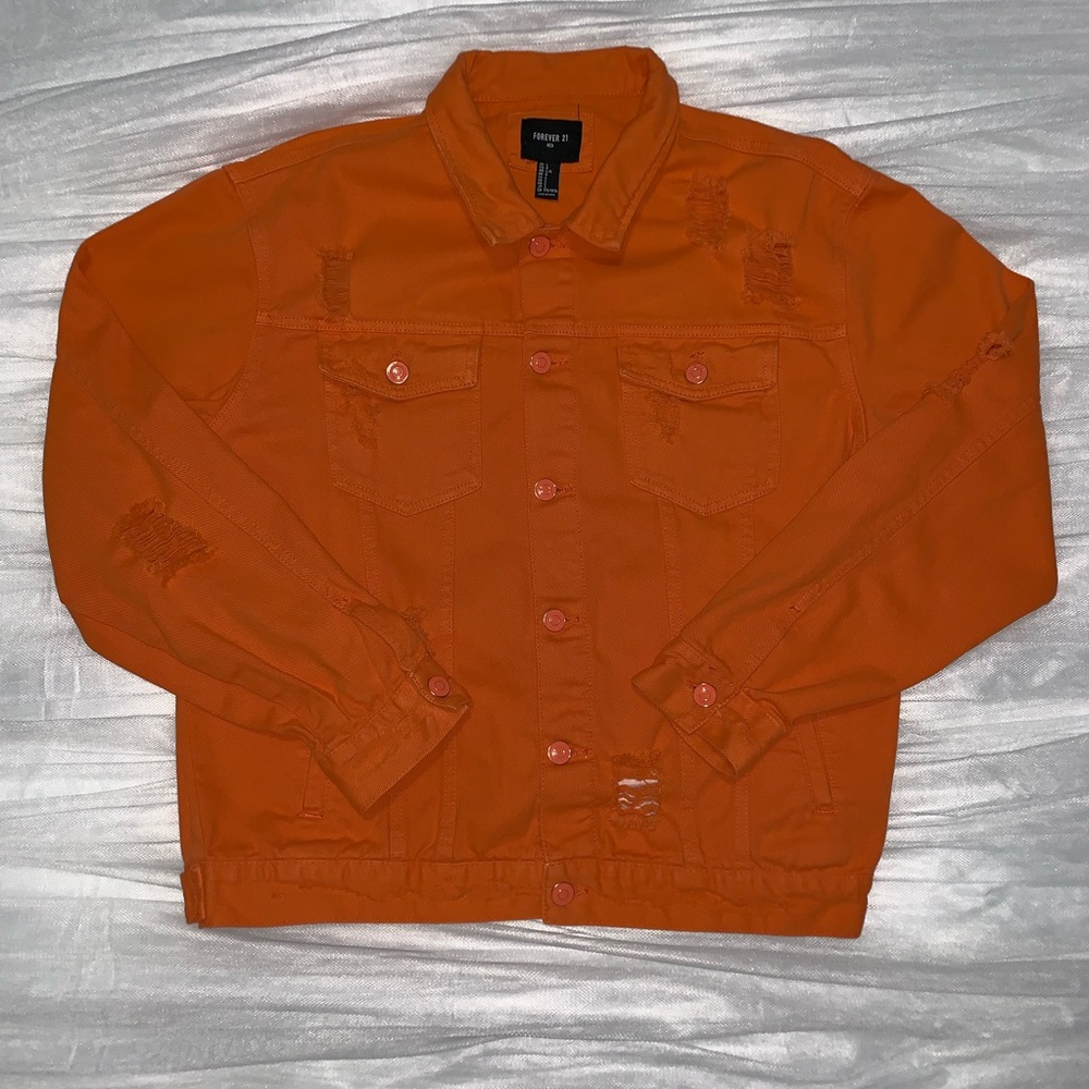 Bright Orange Ripped Denim Jacket